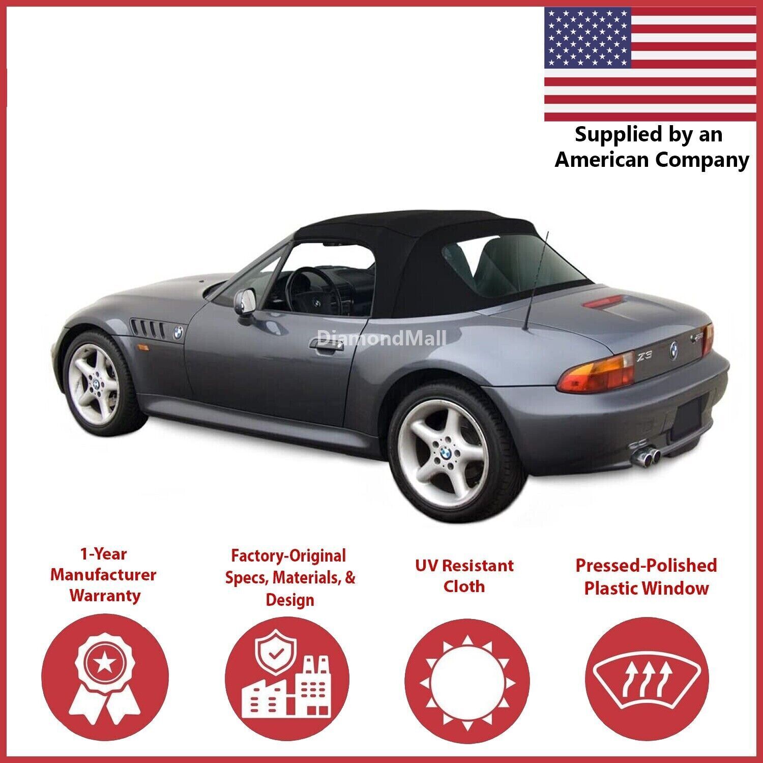 1996-02 BMW Z3 Convertible Soft Top w/DOT Approved Plastic Window, Black Canvas