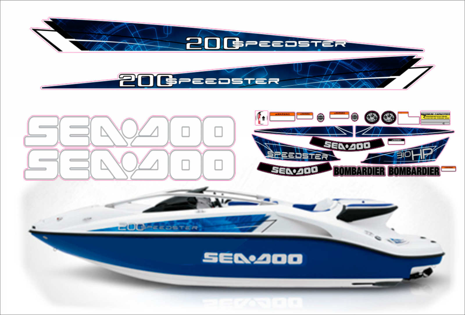  SEADOO SPEEDSTER 200 2004 - 2007 GRAPHICS /DECAL / Sticker KIT BLUE