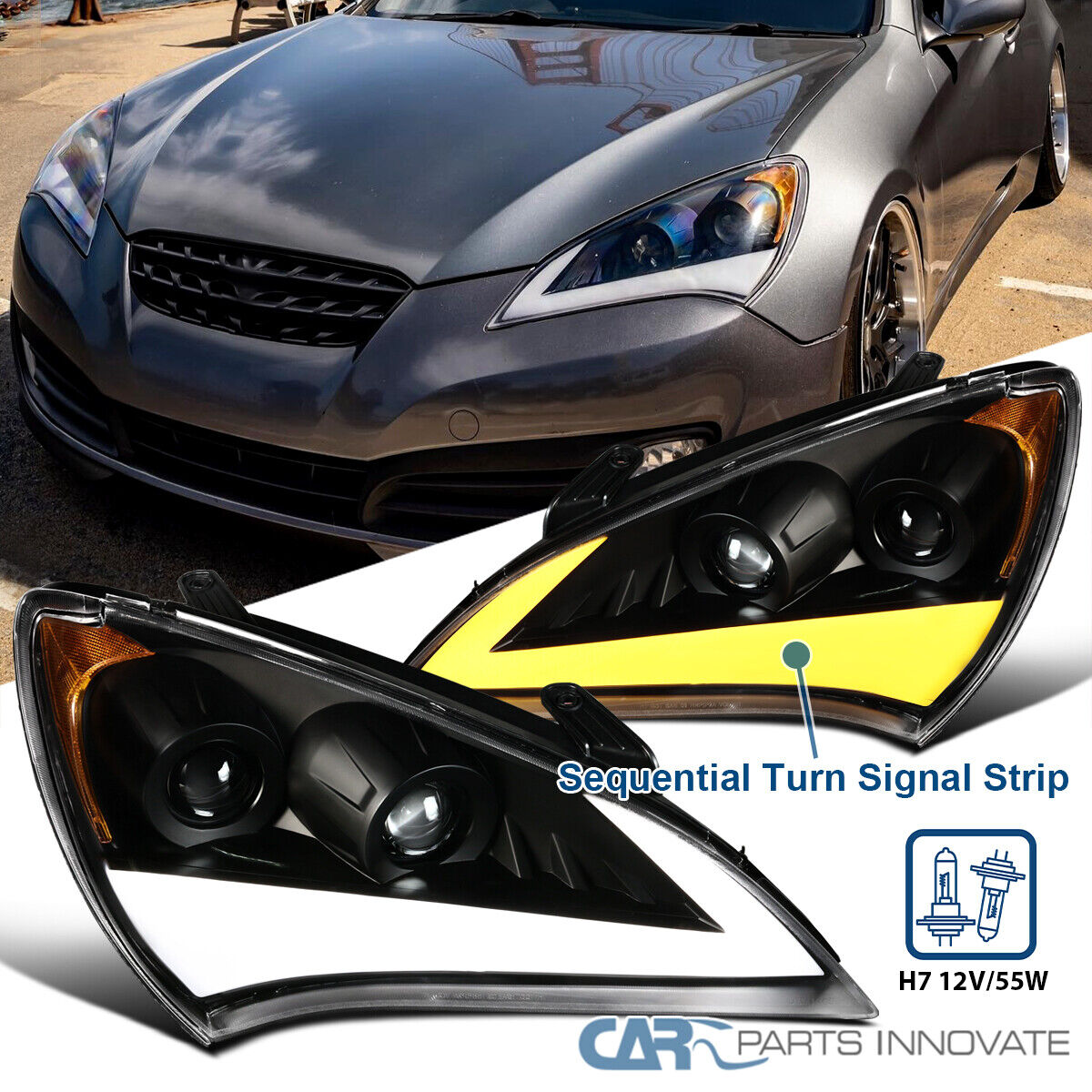 Fits 2010-2012 Genesis Coupe Black LED Sequential Projector Headlights Head Lamp