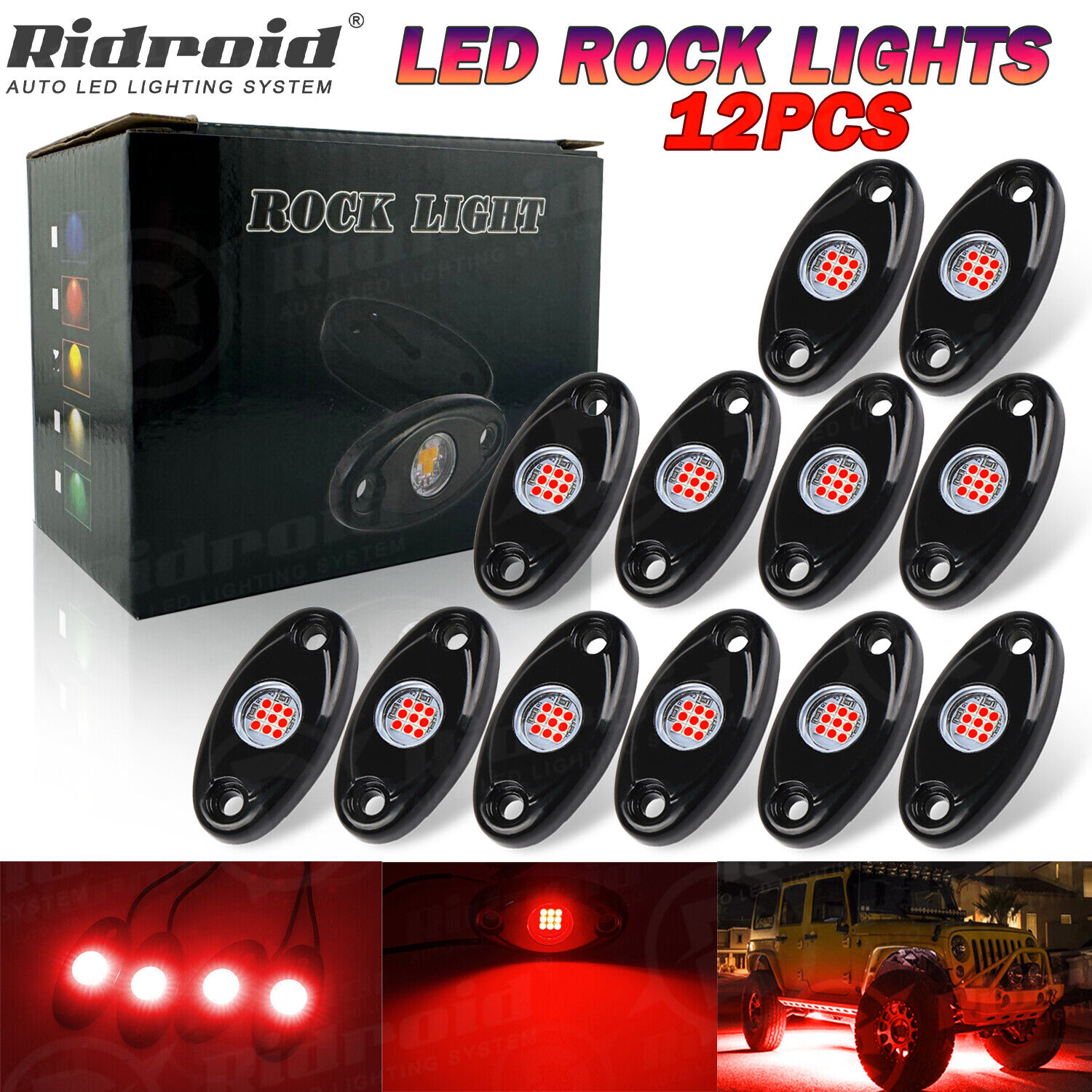 12Pcs Red LED Rock Pods Light Underbody Glow Lamp SUV Offroad Pickup Truck UTV