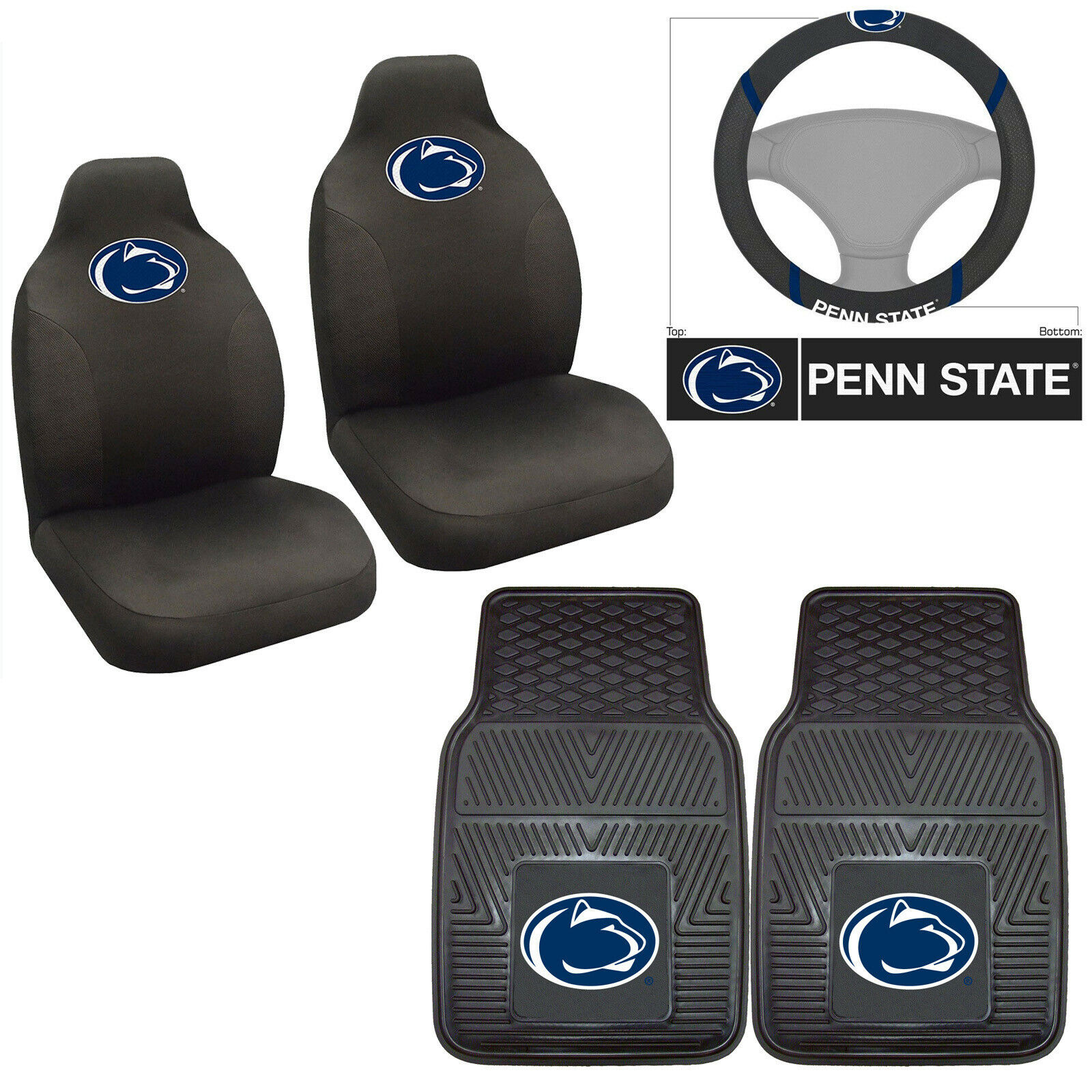5PC NCAA Penn State Nittany Lions Seat Covers Floor Mats & Steering Wheel Cover