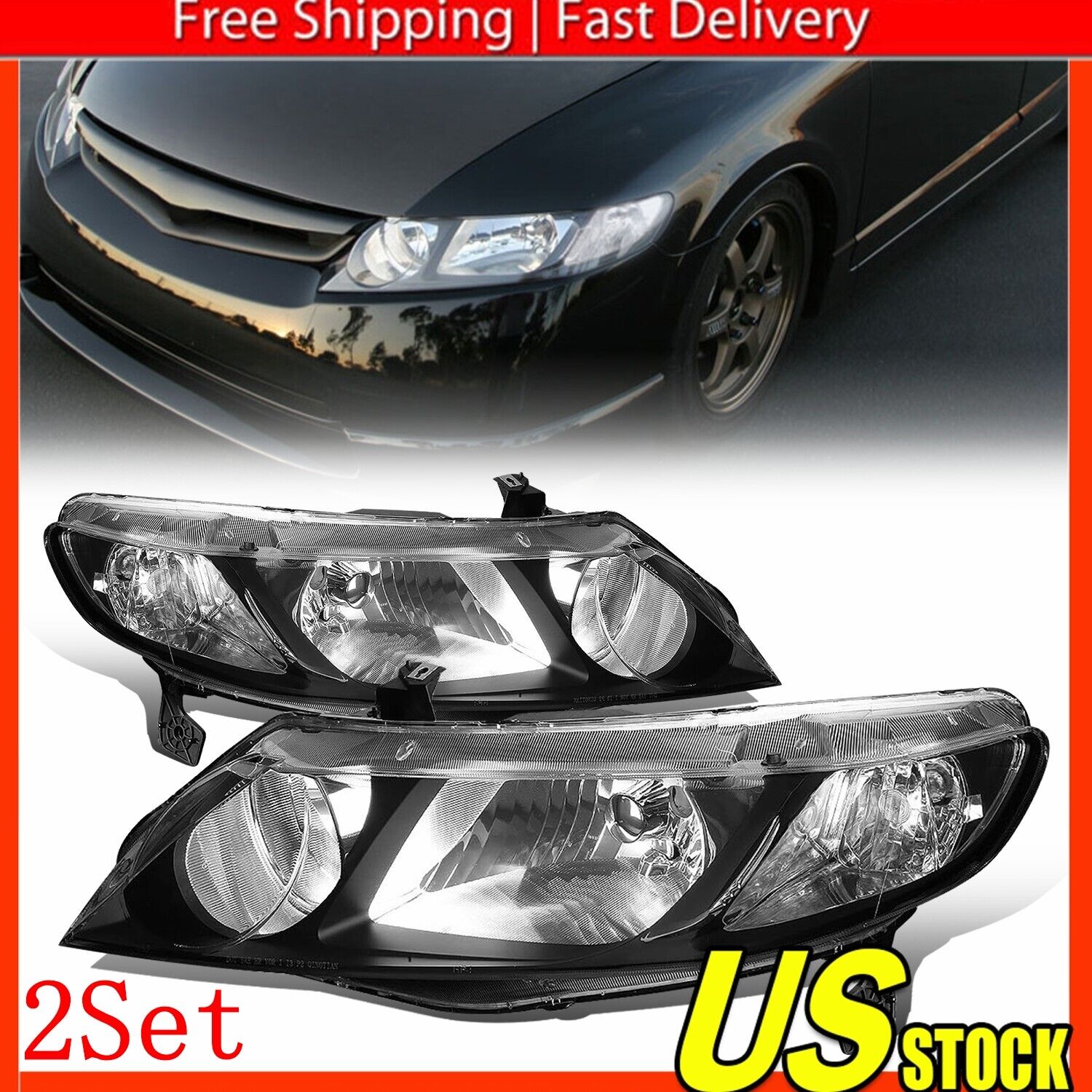 For Honda Civic Sedan 2006-11 Headlights Black Housing Headlamp Left+Right 2Set