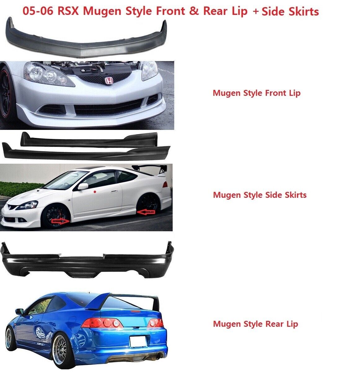 For 05-06 Acura RSX Mugen Style Front + Rear Bumper Lip + Side Skirt PU Black