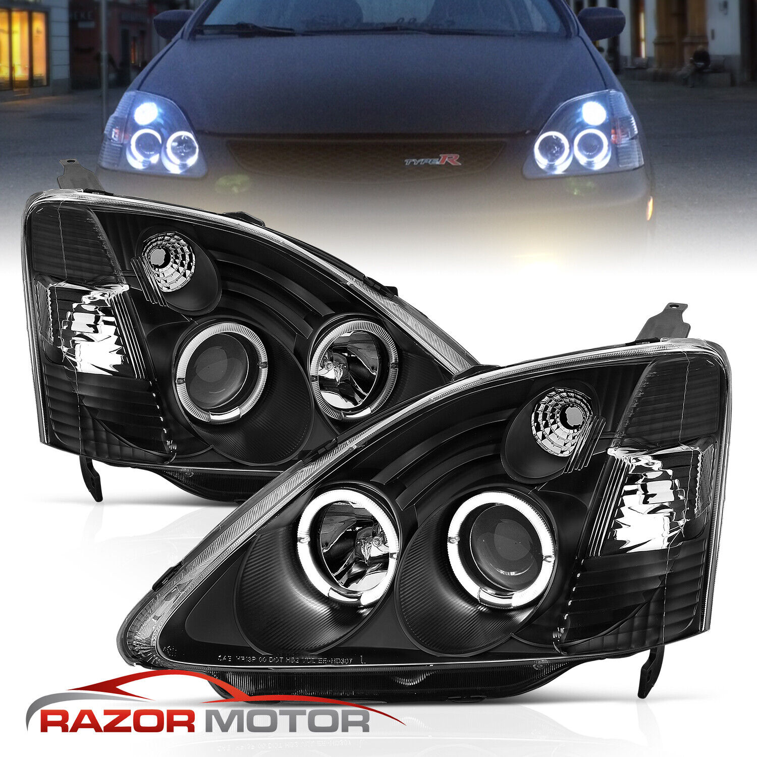 02-03 Fit Honda Civic Si EP3 Dual Angel Eye Halo Projector Black Headlights