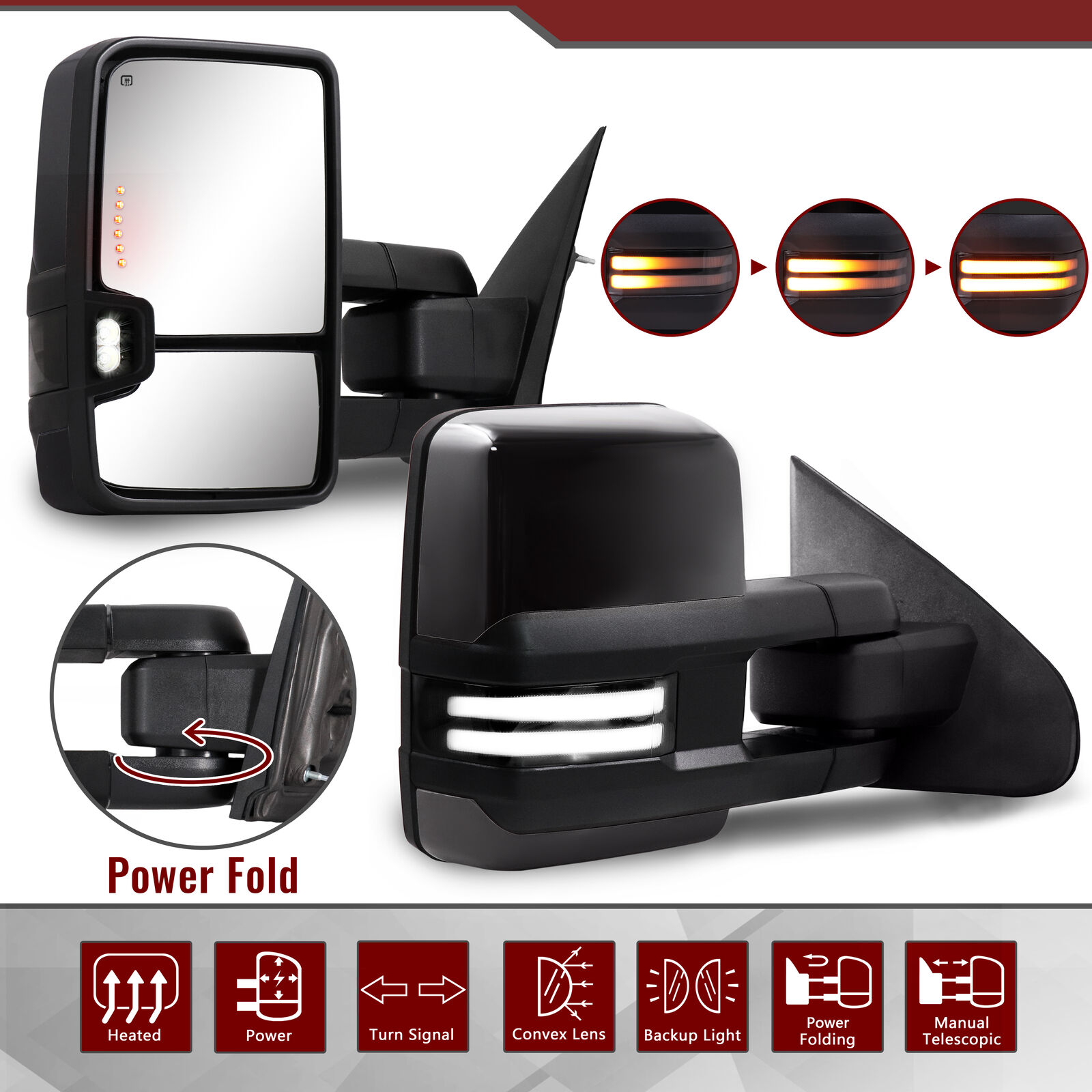 Power Fold Painted Black Tow Mirrors Fit 2014-2019 Chevy Silverado GMC Sierra