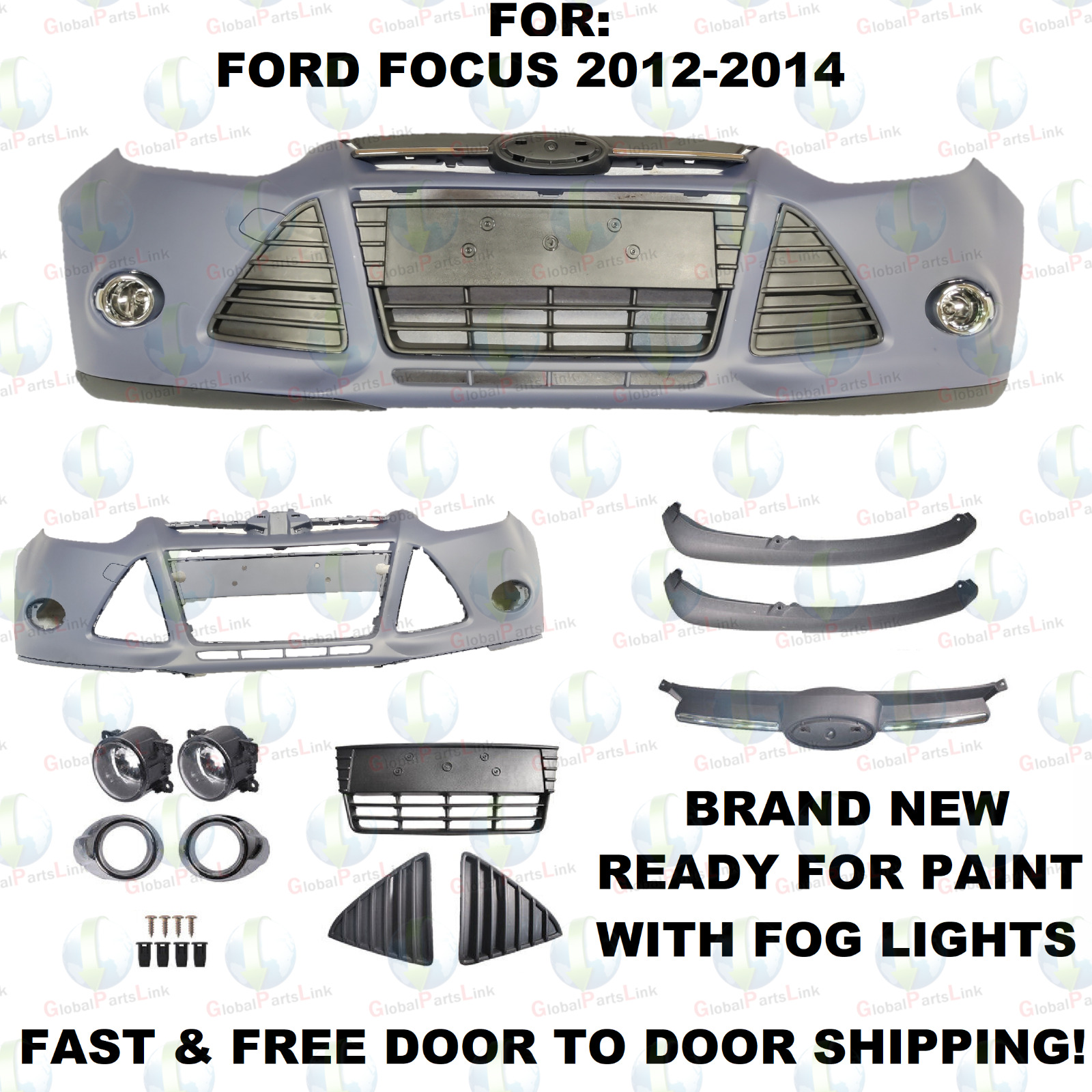 For 2012-2014 Ford Focus Front Bumper Cover & Front Grille Fog Lights Assembly