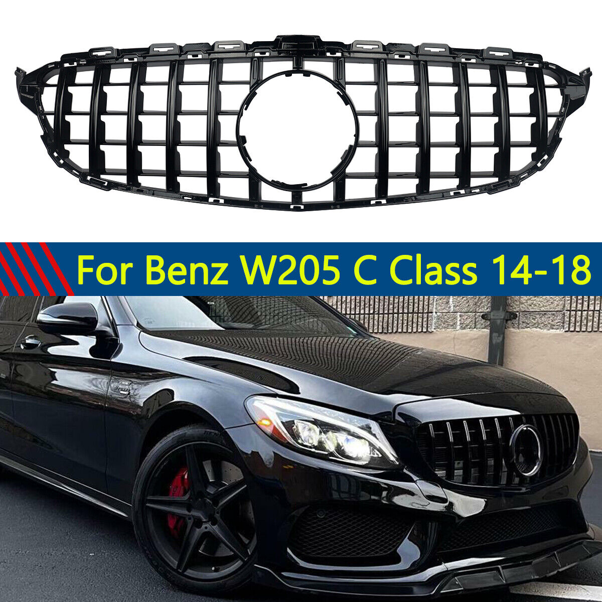 GTR Style Front Grill Gloss Black For Mercedes Benz C Class W205 2014-2018