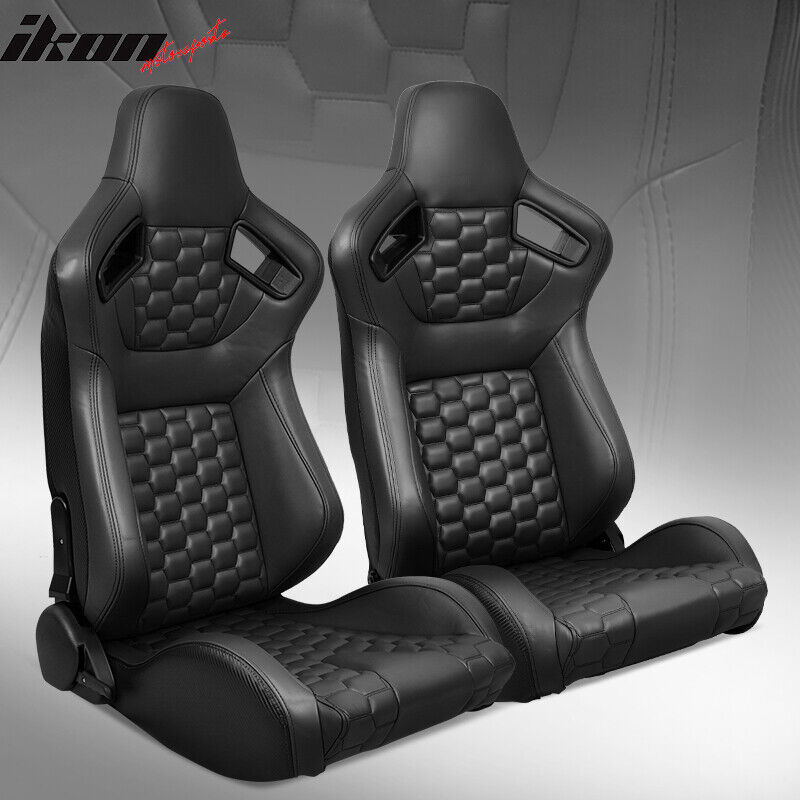 Universal X2 Reclinable Honeycomb Racing Seat + Dual Slider Black PU Leather