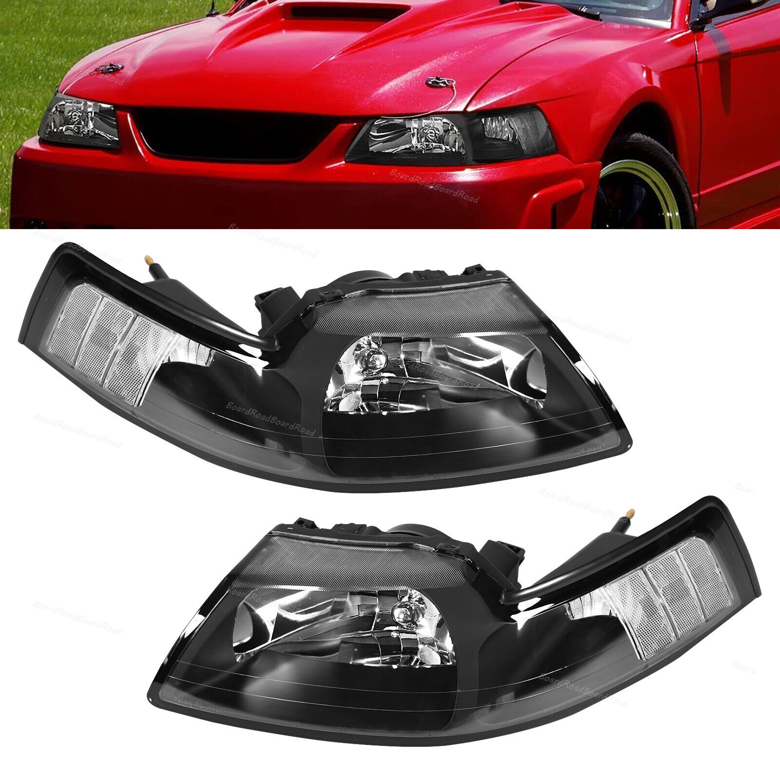 Fit for 1999-2004 Ford Mustang Left & Right Side Halogen Headlights Headlamps