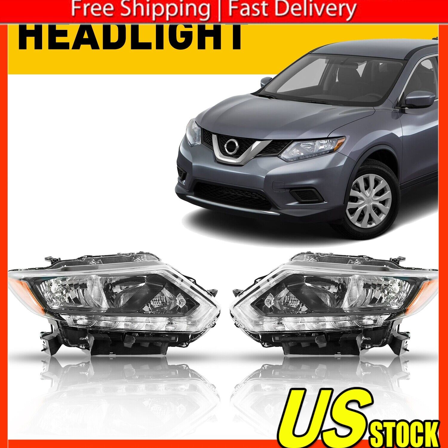 For 2014-2016 Nissan Rogue Halogen Headlights Headlamp w/LED DRL Left+Right Pair