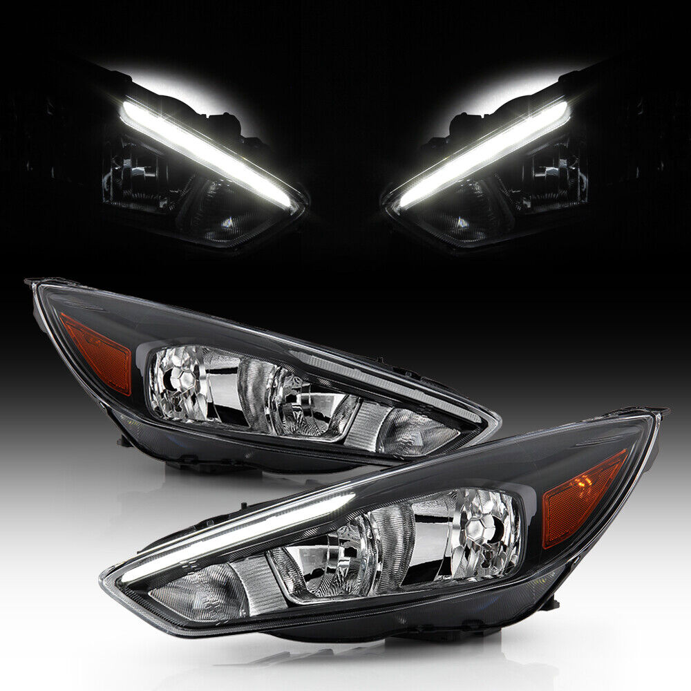 2015 2016 2017 2018 Ford Focus Halogen w/LED DRL Black Headlights Left+Right US