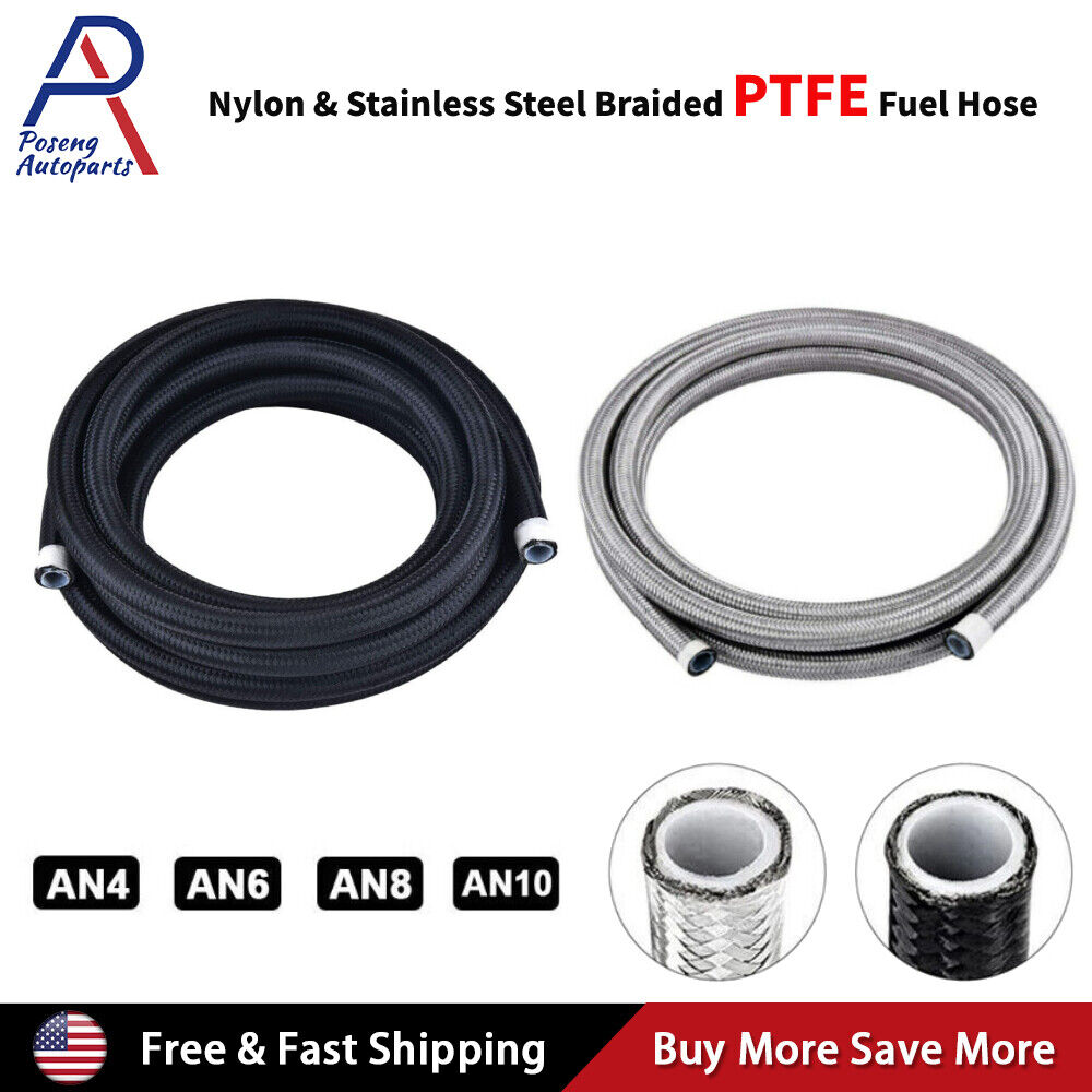 4AN 6AN 8AN 10AN Nylon & Stainless Steel PTFE Braided Fuel Hose Oil Gas Air Line