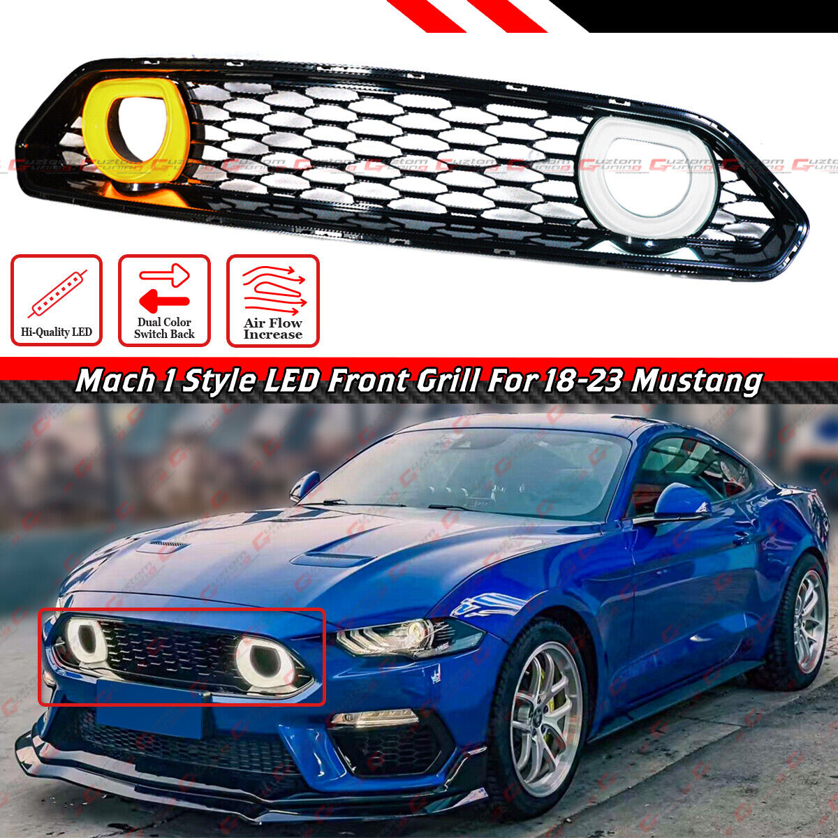 For 18-23 Mustang Mach 1 Style Front Grille W/ White & Amber LED Halo Ring Duct