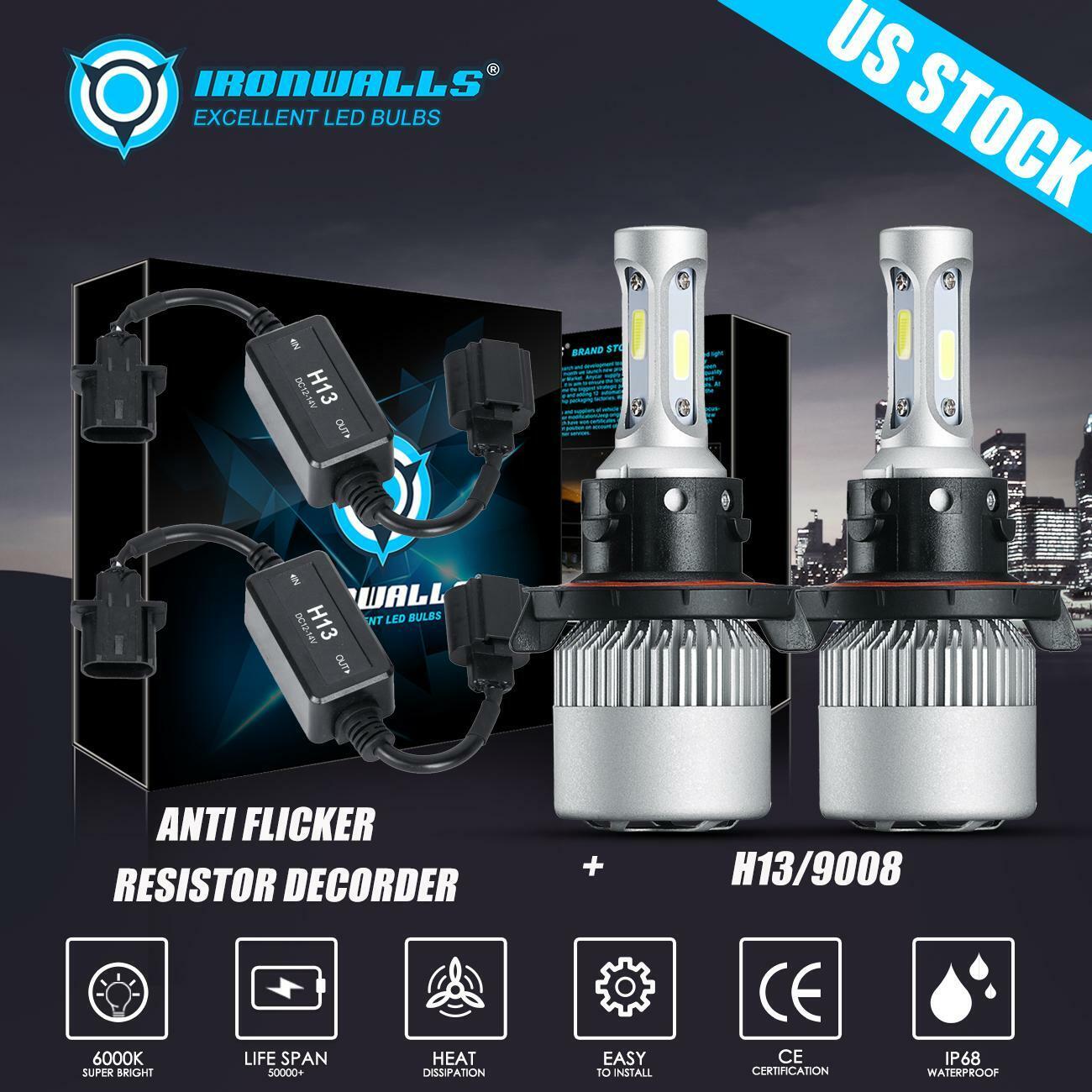 H13 9008 LED Headlight Bulbs Kit Hi/Lo Beam White 6500K With Canbus Adapter