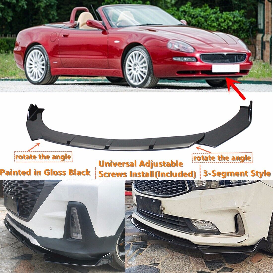 Add-on Universal For 2002-05 Maserati Spyder Black Front Bumper Lip Splitter Kit