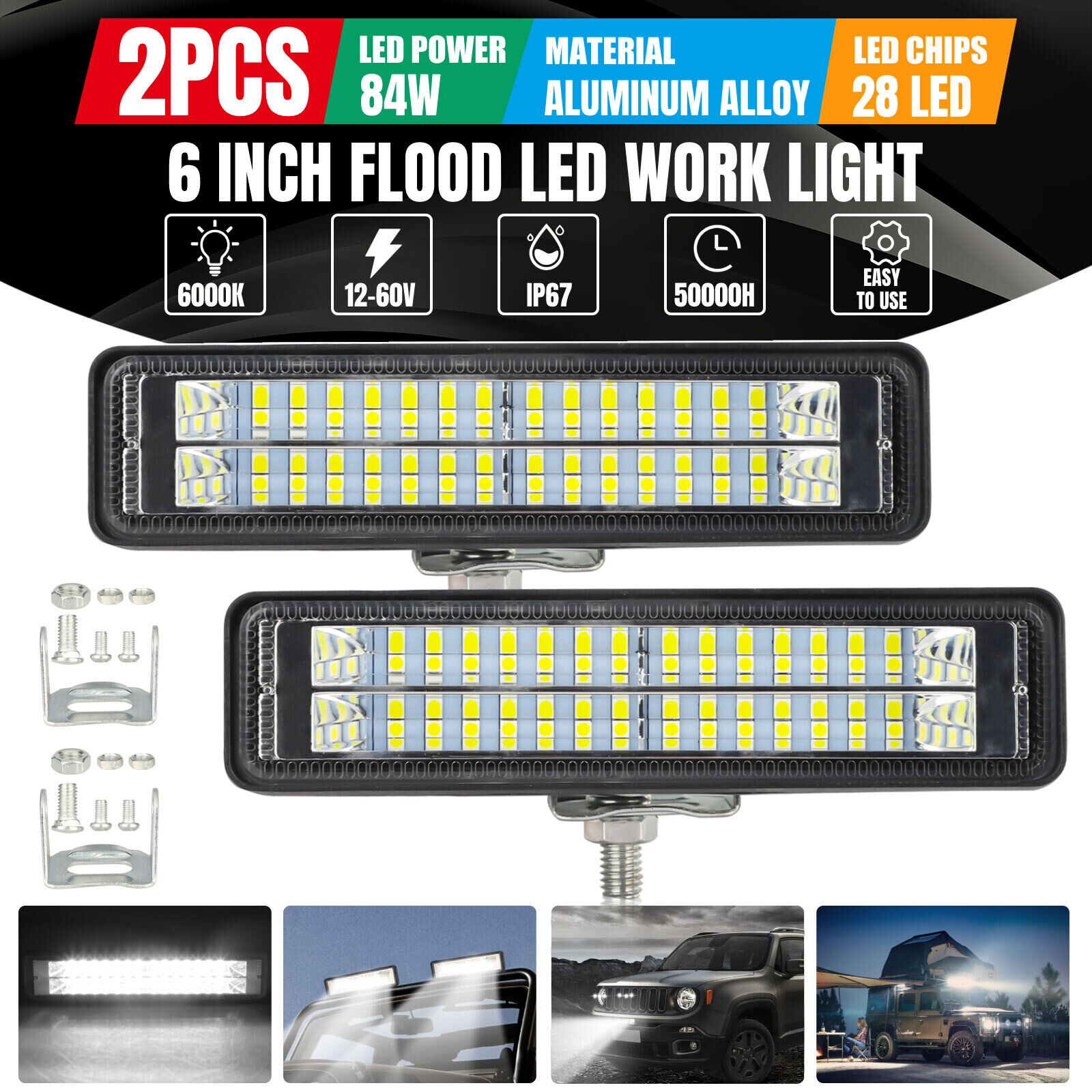 2x 6inch 84W LED Work Light Bar Flood Fog Lamp Offroad Driving Truck SUV ATV 4WD