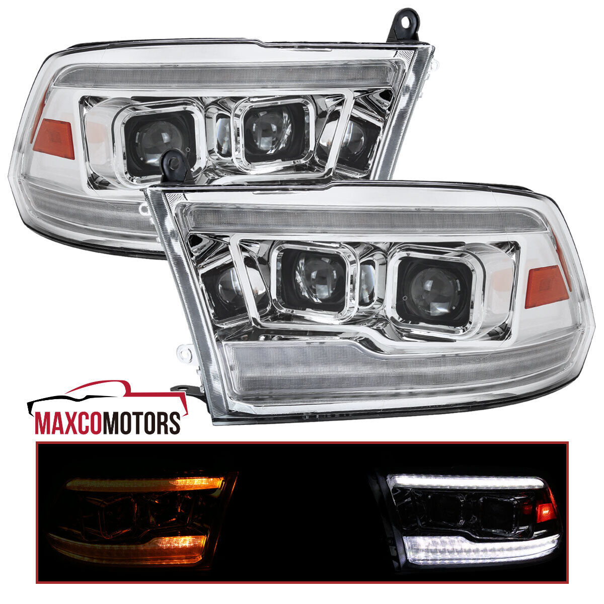 Headlights Fits 2009-2018 Ram 1500 2500 3500 Switchback LED Tube Projector Lamps