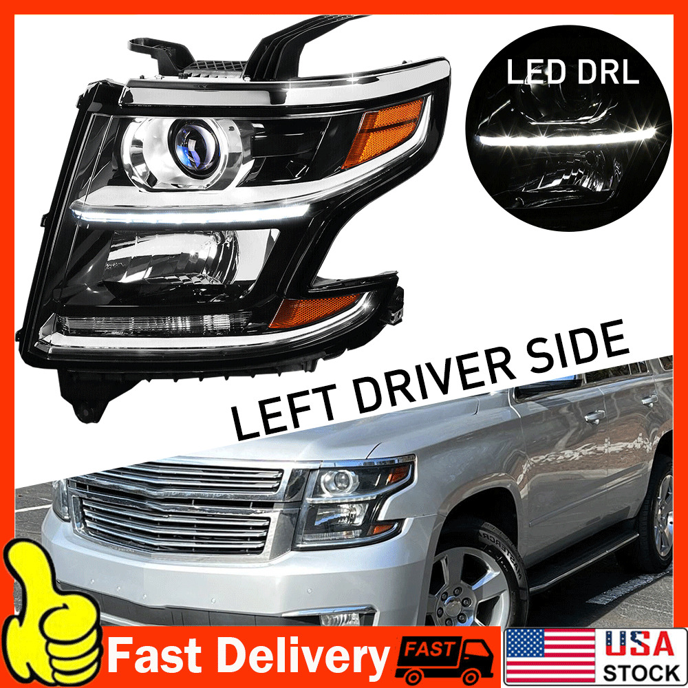 Black Fits 2015-2020 Chevy Tahoe Headlights Lamps Suburban LED Strip Projector