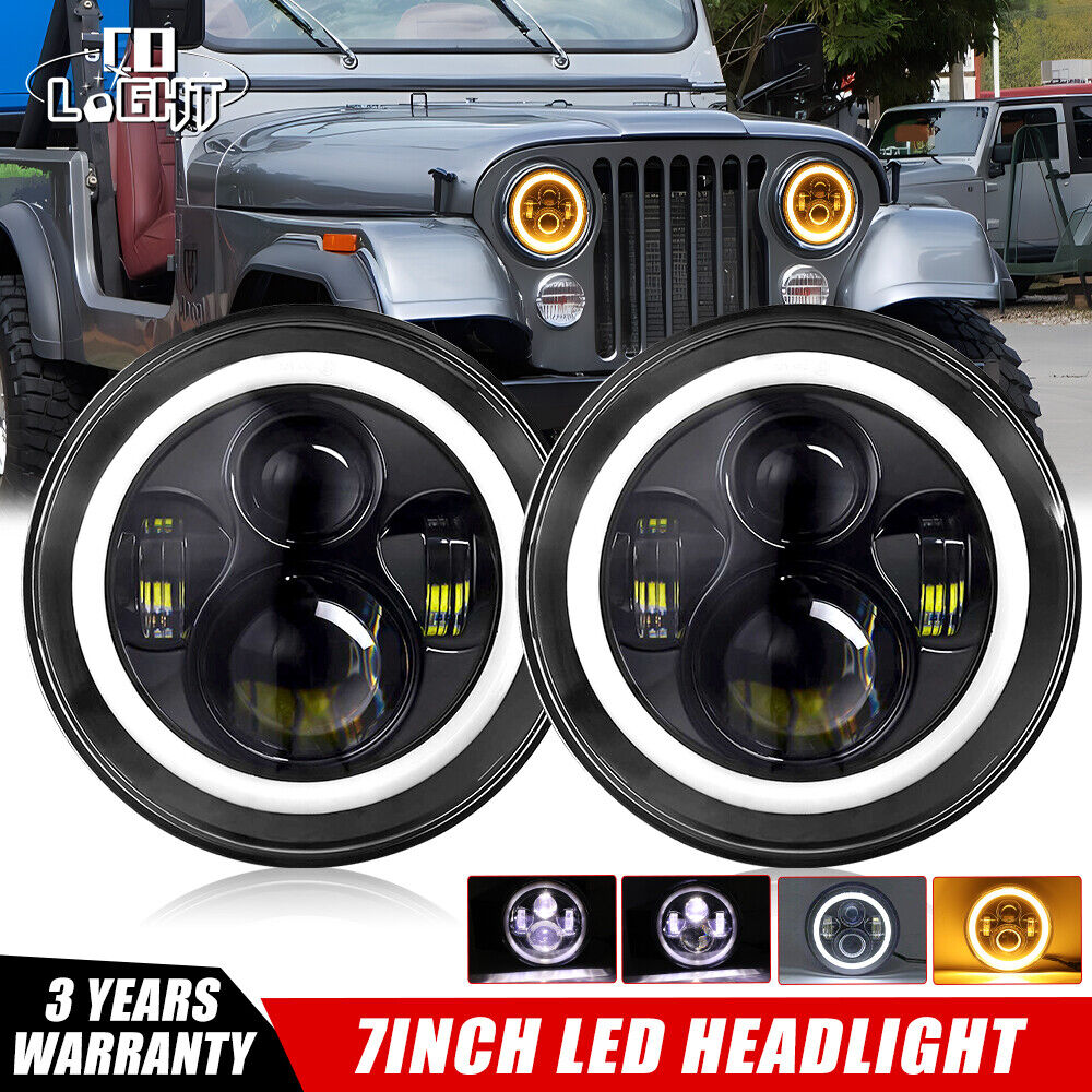 Pair 7 inch LED Headlights Round Hi/Lo Beam DRL for Jeep Wrangler CJ 1944-1986