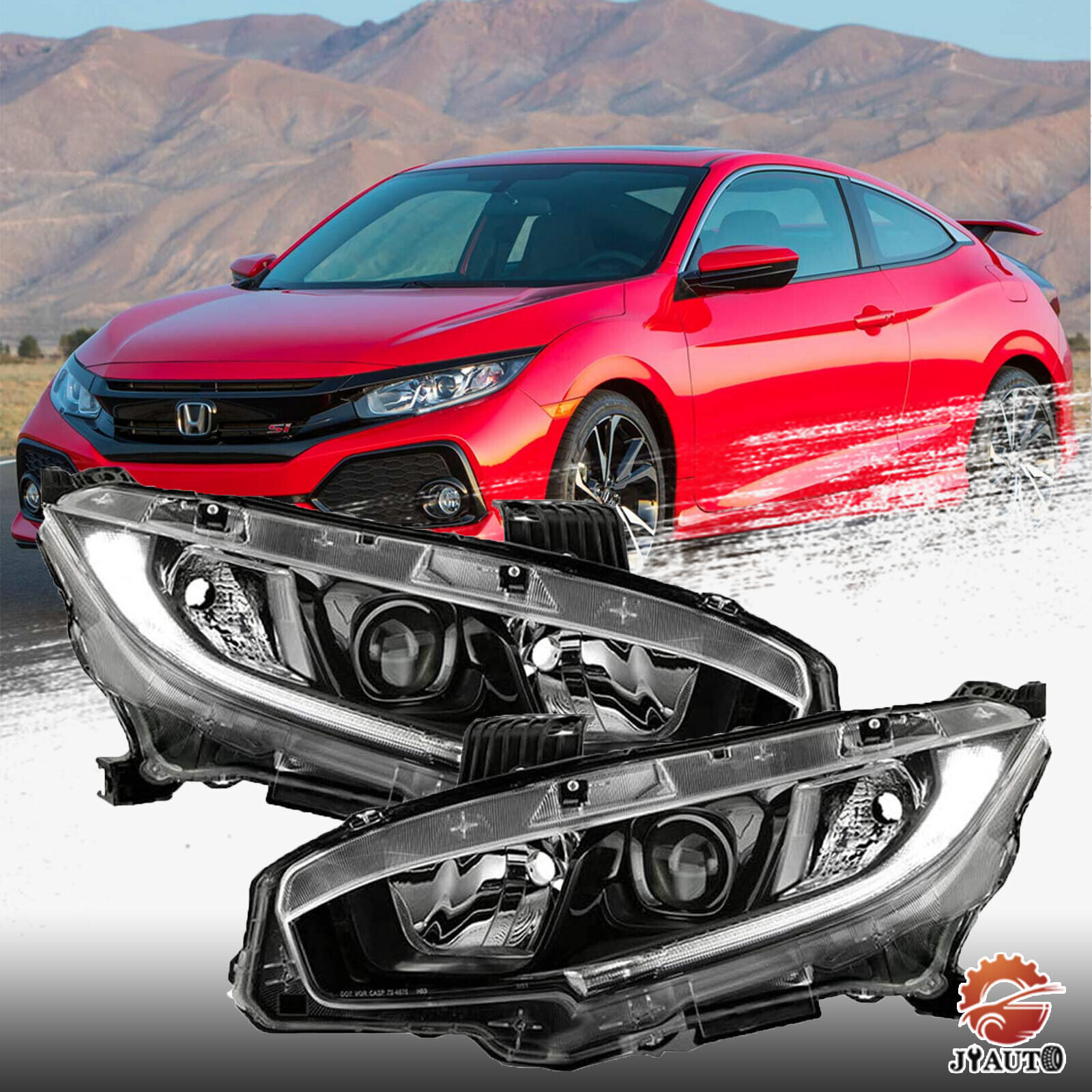 Pair Black Projector Headlights Assembly For 2016-2021 Honda Civic Left & Right 