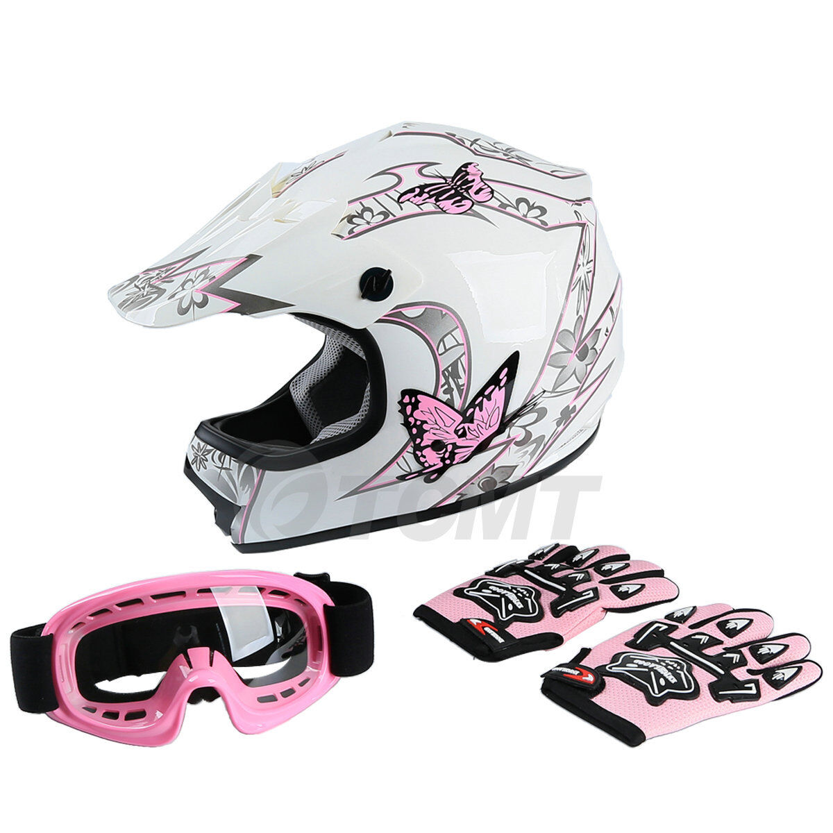 TCMT DOT Youth Kids Pink Butterfly Dirt Bike ATV Motor Helmet W/ Goggles Gloves