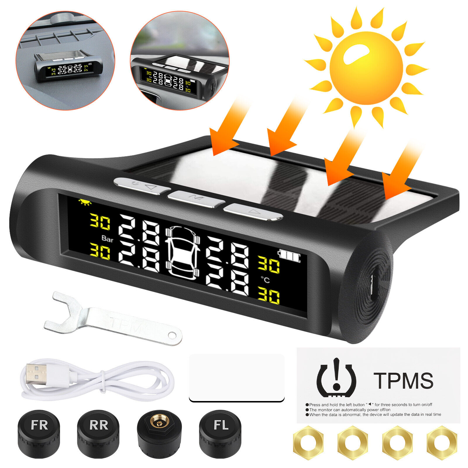 Car Wireless Solar TPMS LCD Tire Pressure Monitoring System + 4 External Sensors