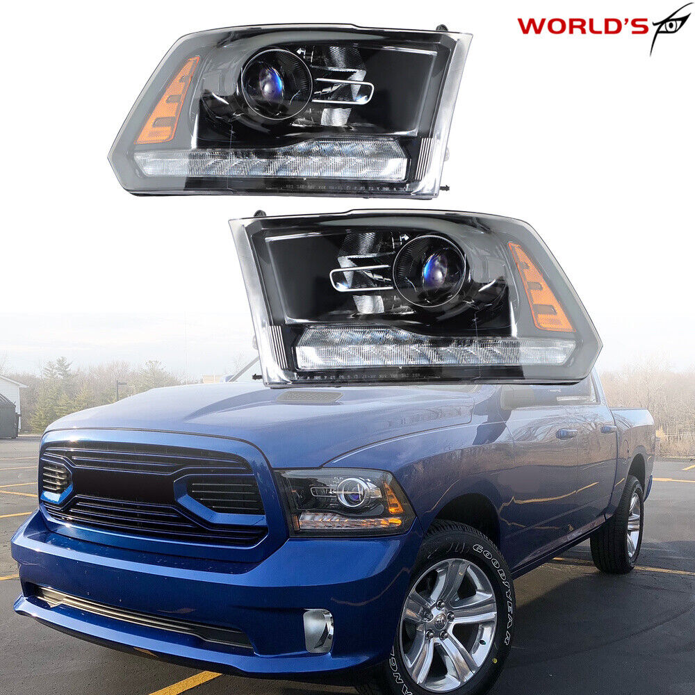 Pair Headlight For 2009-18 Dodge Ram 1500-3500 Halogen w/ LED DRL Black Housing