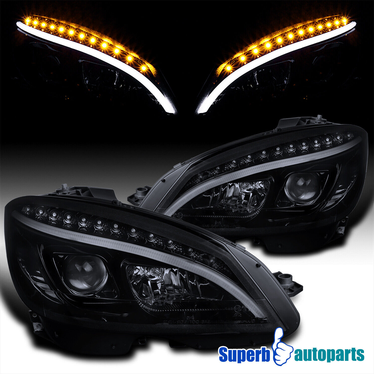 Fits 2008-2011 Benz W204 C-Class Glossy Black Projector Headlights W/ LED Signal