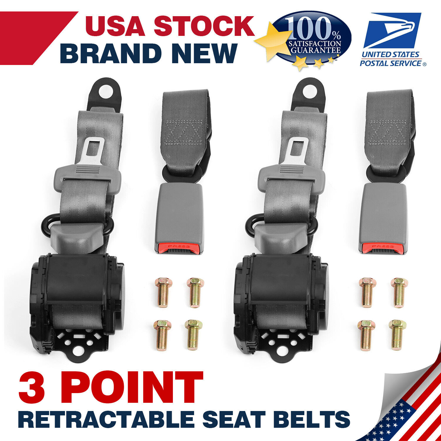 Two Universal Lap Seat Belt 3-Point Adjustable Retractable Car Gray Seat