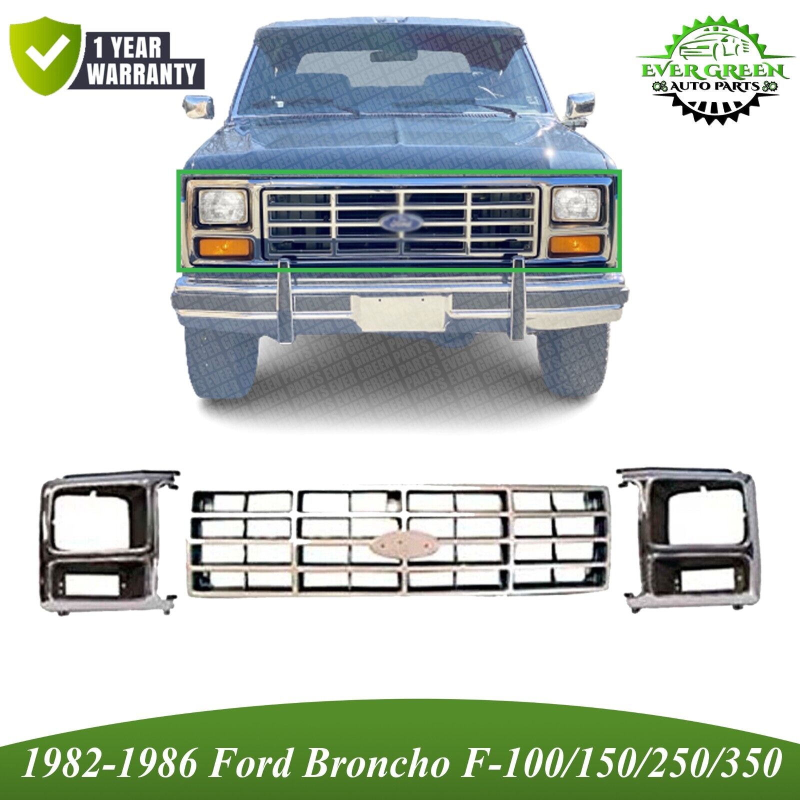 For 1982-1986 Ford F-150 F-250 F-350 Bronco Front Grille + Headlight Bezel Trim
