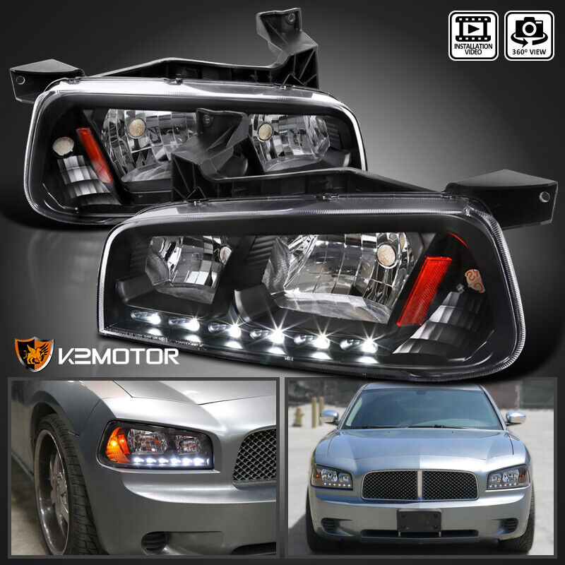 For 2006-2010 Dodge Charger LED Strip 1PC Style Black Headlights+Corner Lamps