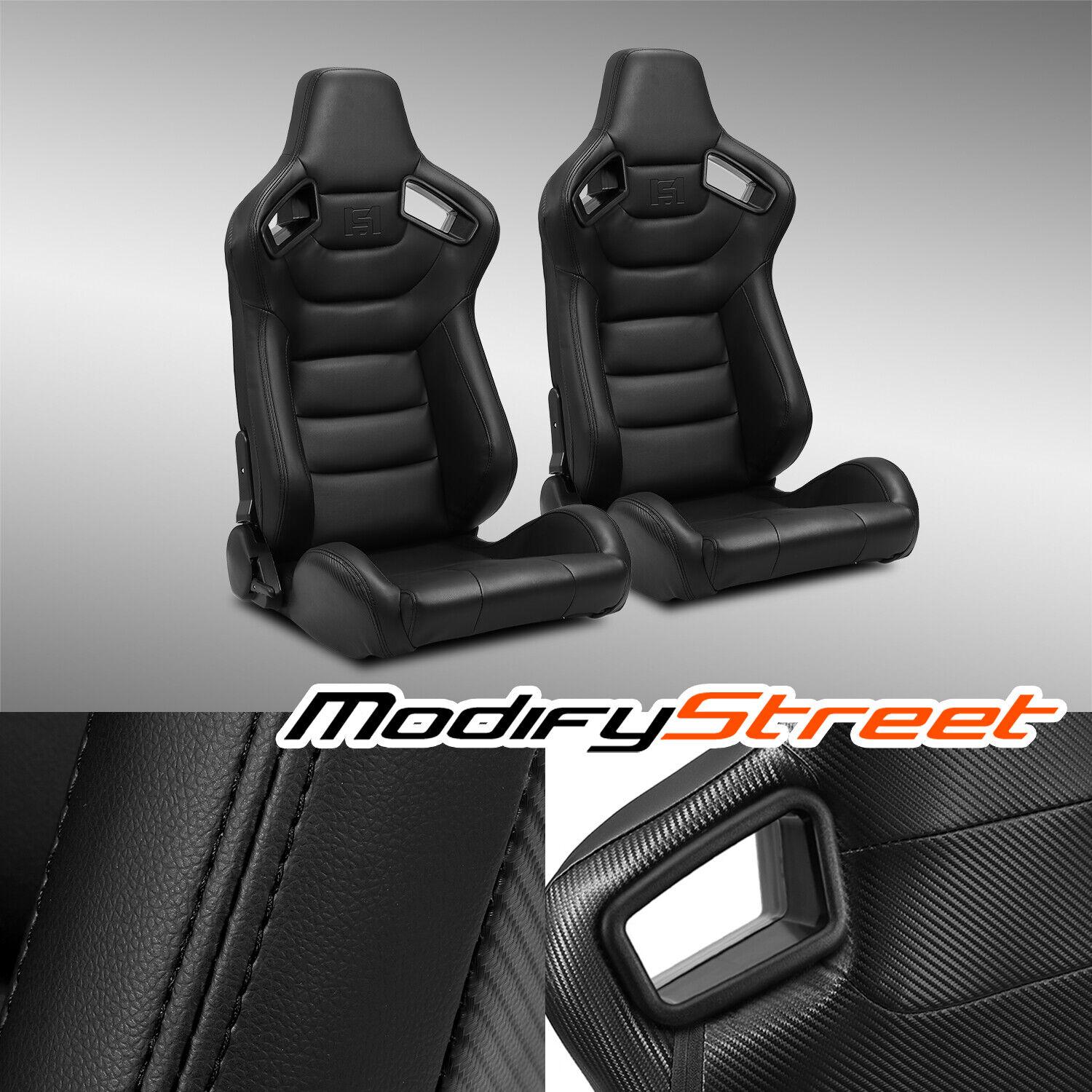2 x BLACK/SIDE CARBON FIBER MIX PVC LEATHER L/R RACING CAR SEATS + SLIDER
