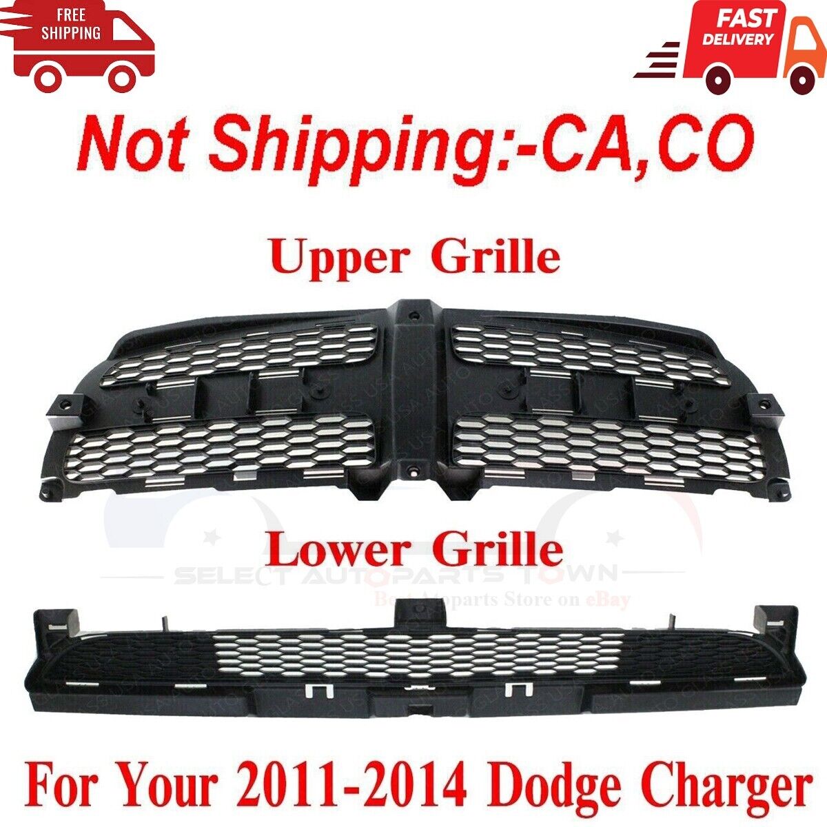 New Fits 11-14 Dodge Charger Front Upper & Lower Grille Textured Black Plastic