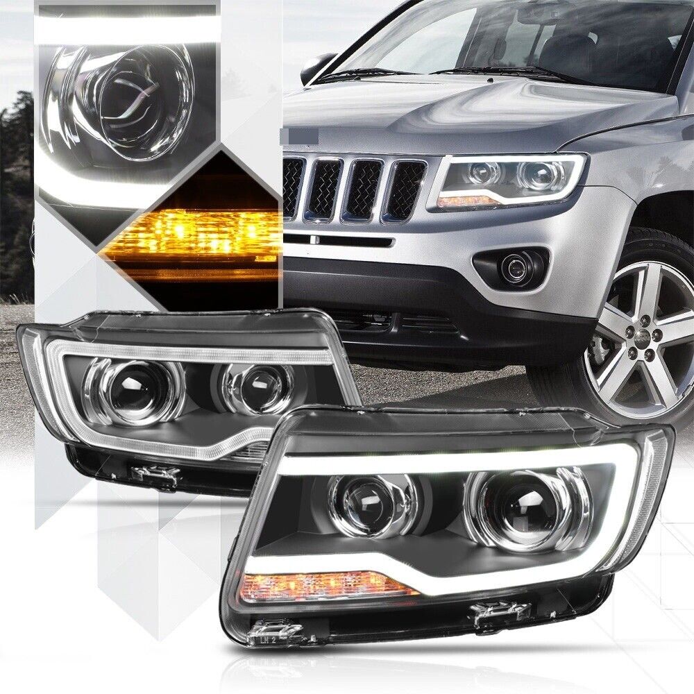For 2011-2016 Jeep Compass Pair Black Housing Dual Projector LED DRL Headlights