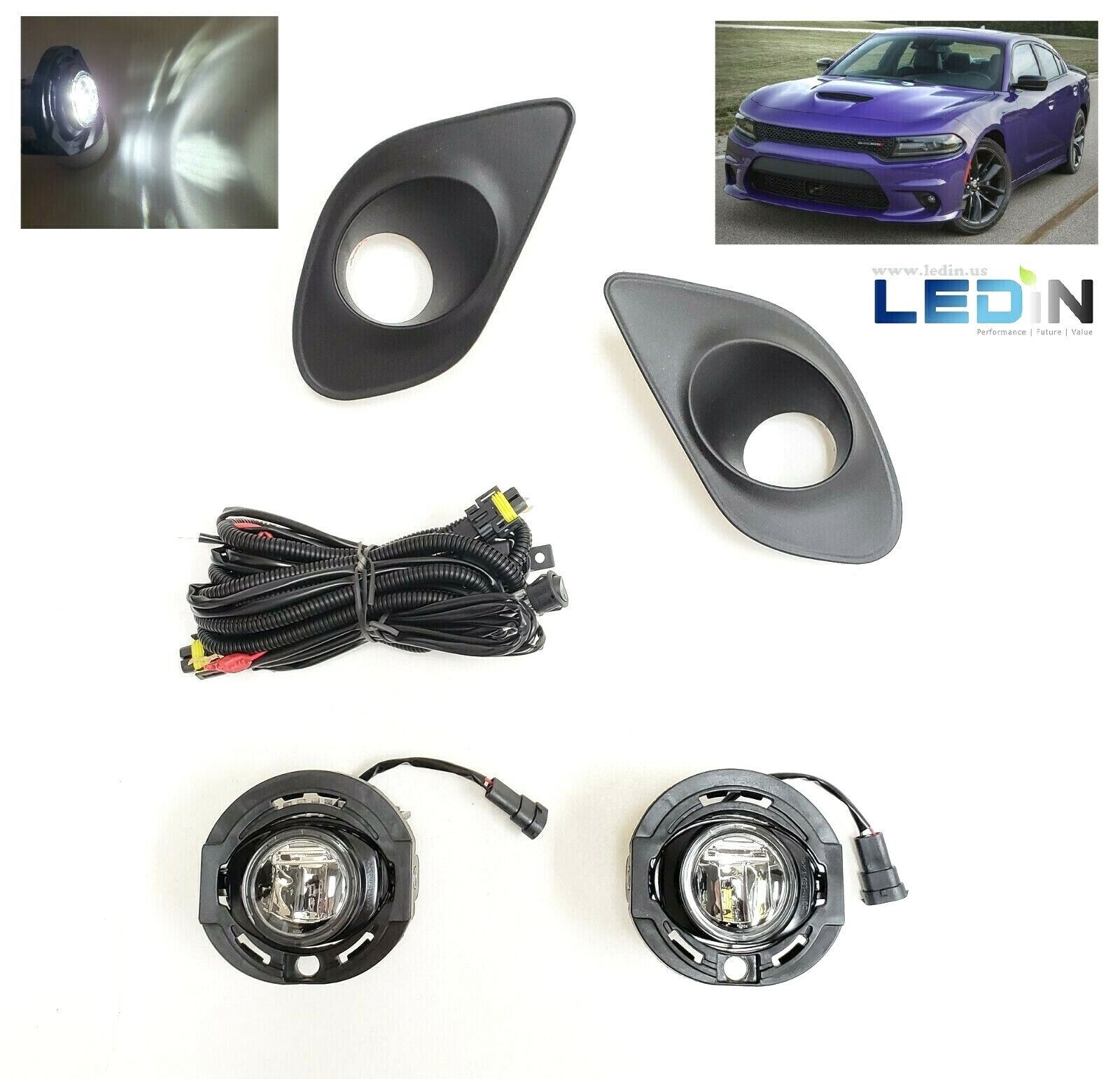 LED Fog Light Lamp Set For 15-19 Dodge Charger SRT Bezel Wire Harness Hellcat