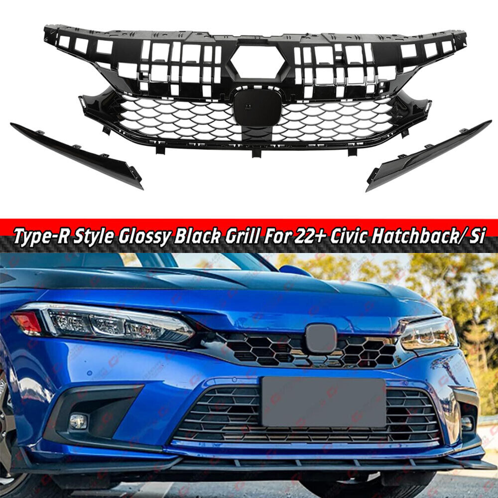 FOR 22-23 HONDA CIVIC SI &HATCHBACK TYPE-R STYLE GLOSS BLACK FRONT GRILLE GRILL