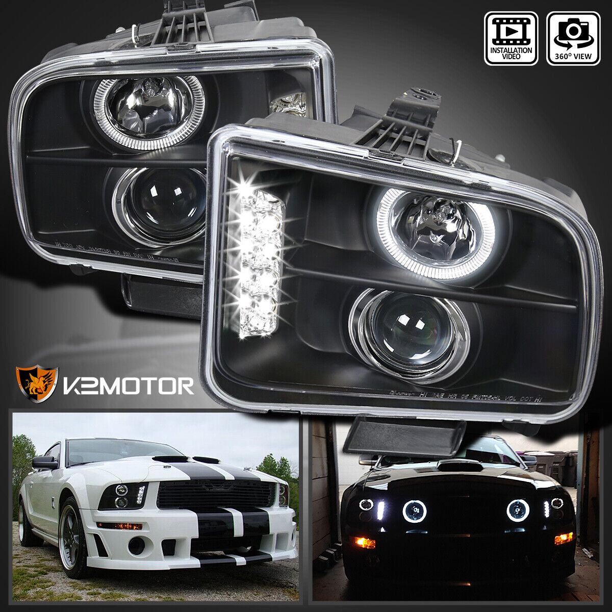 Black Fits 2005-2009 Ford Mustang LED Halo Projector Headlights Lamps Left+Right