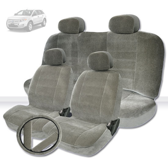 FOR FORD PREMIUM GRADE GREY VELOUR FABRIC CAR SEAT STEERING COVERS SET 
