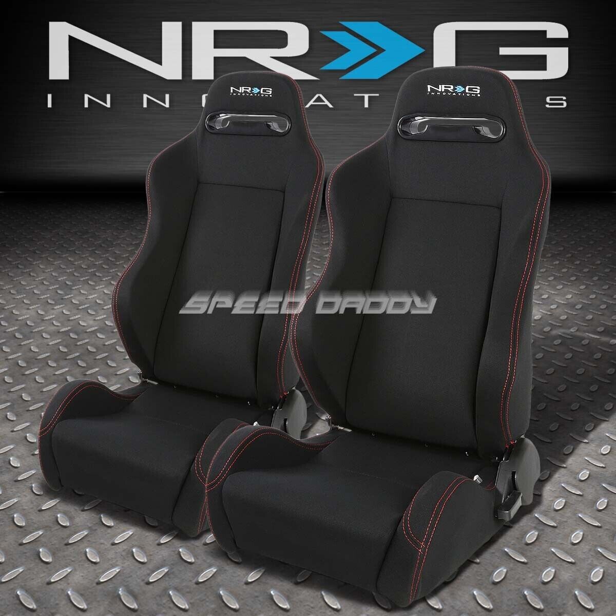 2 X NRG TYPE-R FULLY RECLINABLE RED STITCH RACING SEATS+ADJUSTABLE SLIDER BLACK