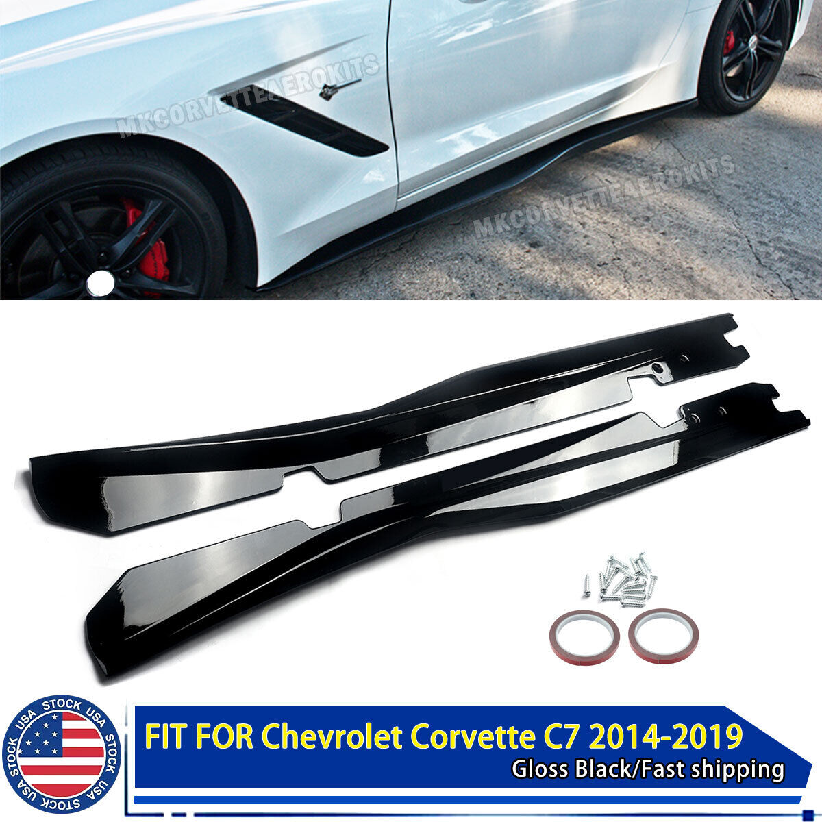 For 2014-2019 Corvette C7 Extension Splitter Side Skirts Gloss Black Z06 Style