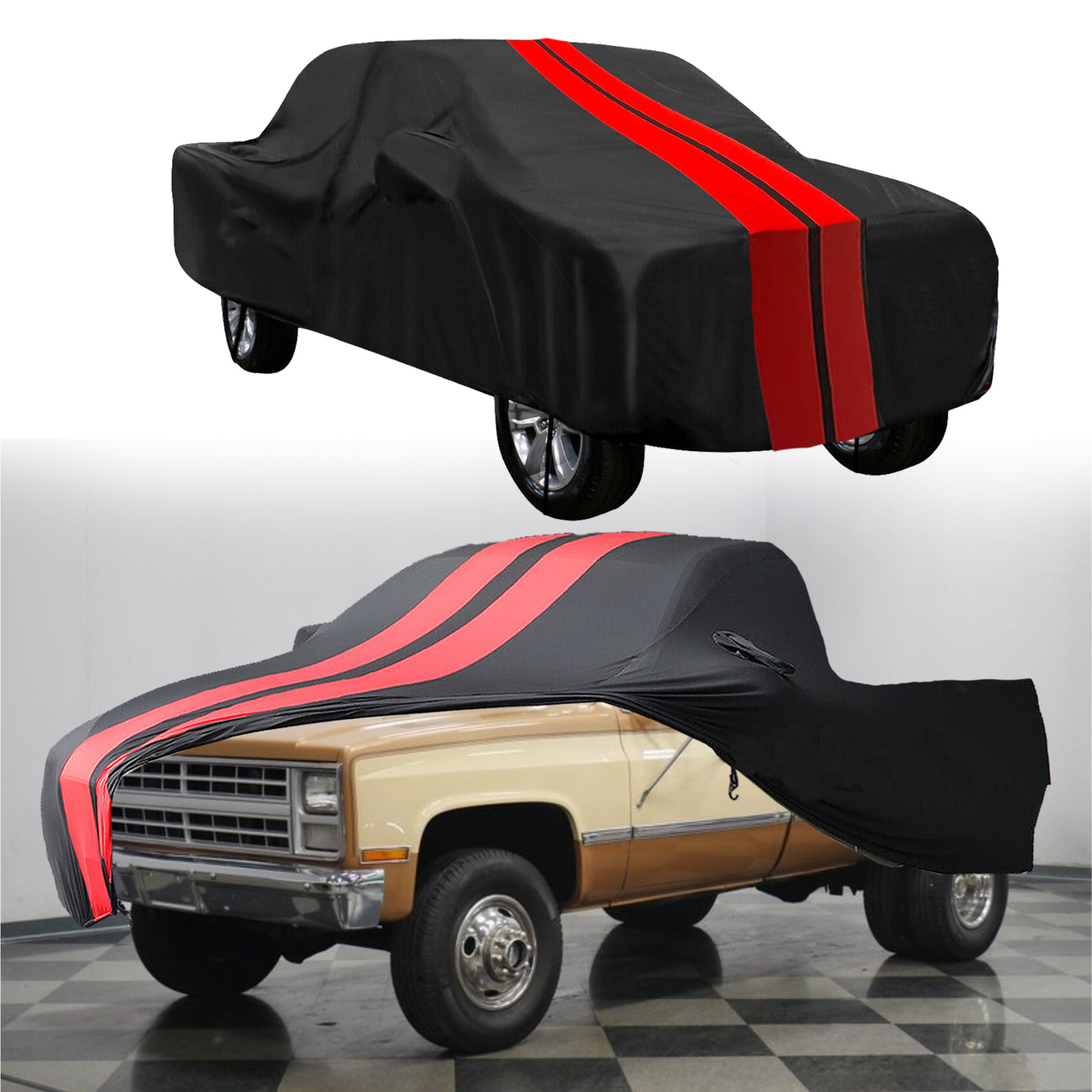 Red/Black Indoor Car Cover Stretch Dustproof For Chevrolet K10 K20 K30 Pickup