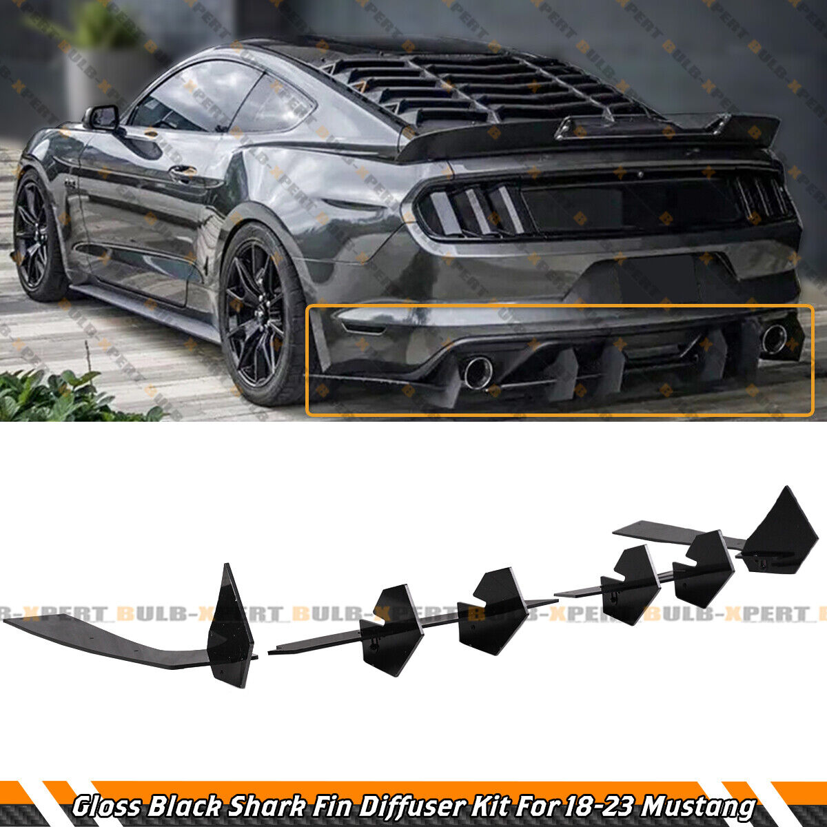 For 18-2023 Ford Mustang Ecoboost Gloss Black Shark Fin Rear Bumper Diffuser Kit