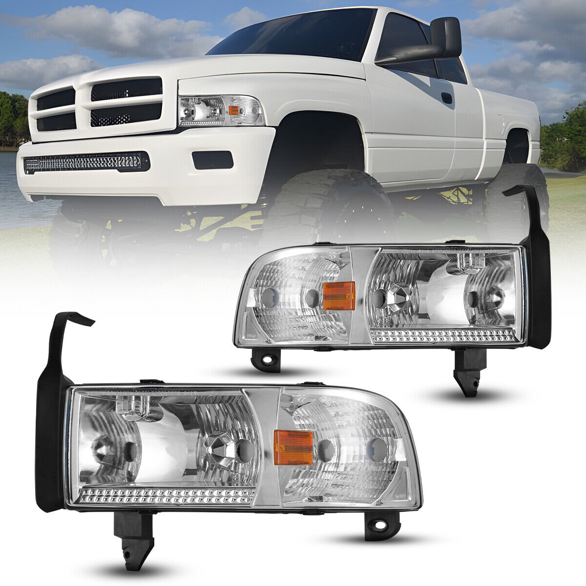 For 1994-2002 Dodge Ram 1500 2500 3500 Chrome Clear Headlights Headlamps Pairs