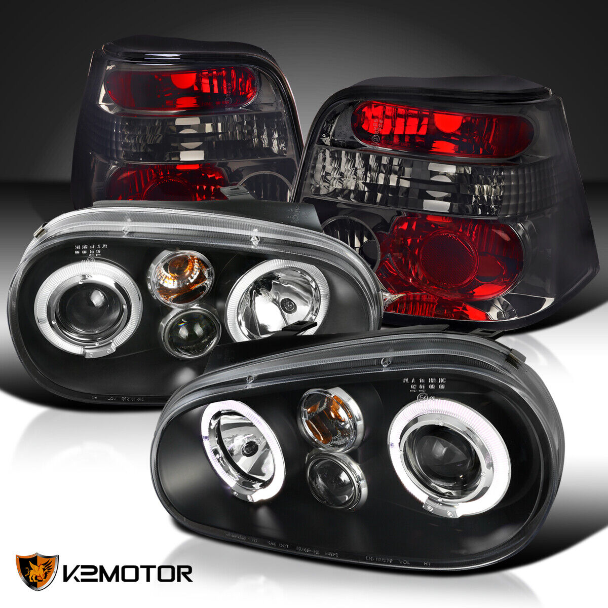 Fits 1999-2006 VW Golf Black Halo Projector Headlights+Smoke Tail Brake Lamps