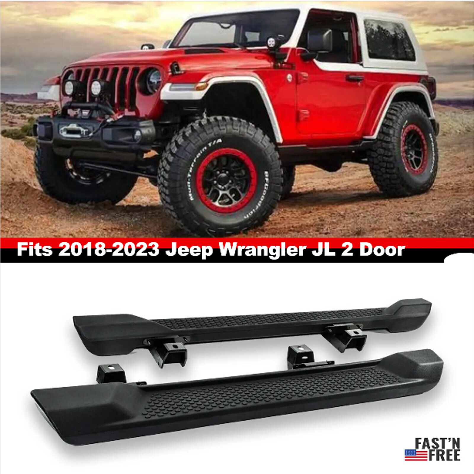 Fits 18-23 Jeep Wrangler JL 2 Door Running Boards Black Side Step Nerf Bar