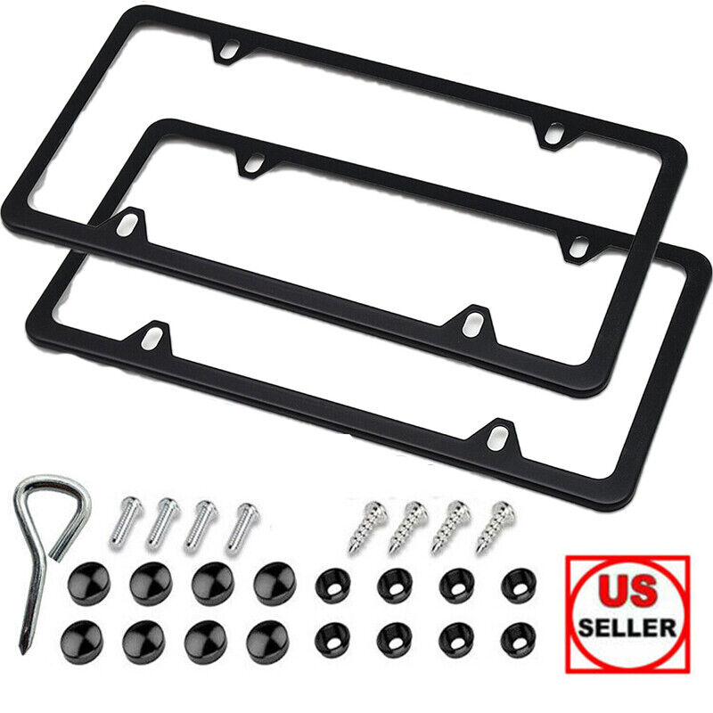 2Pcs Black Stainless Steel Metal License Plate Frame Tag Cover Screw Caps US