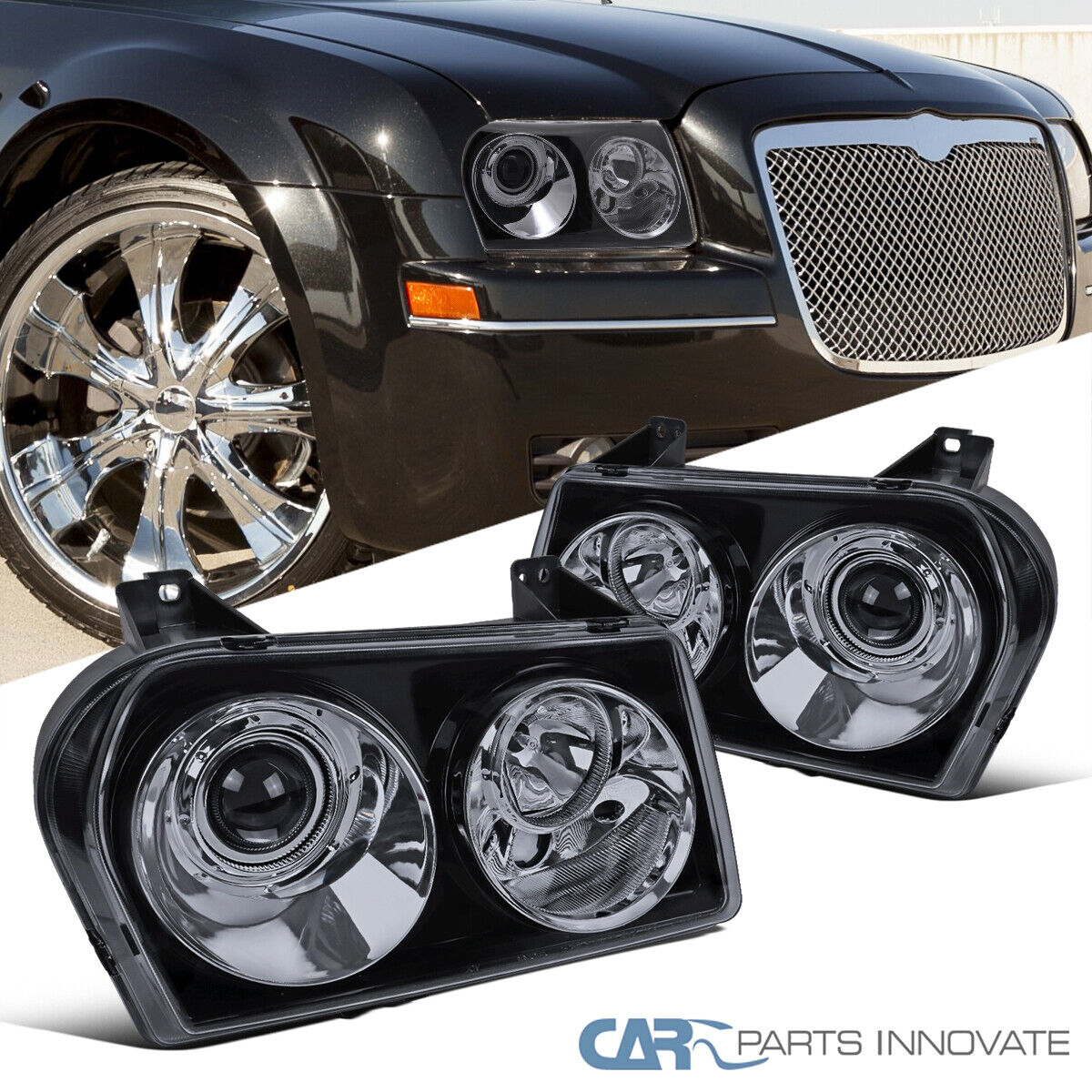 Fits 05-10 Chrysler 300 Glossy Black Smoke Projector Headlights Lamps Left+Right