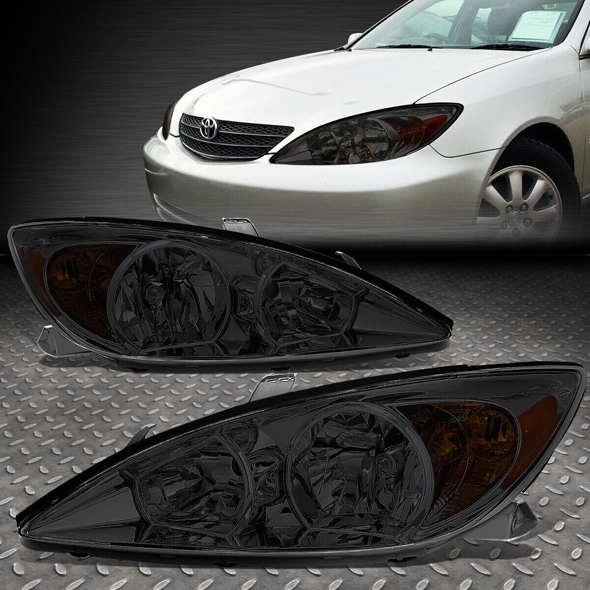 FOR 02-04 TOYOTA CAMRY SMOKED HOUSING AMBER CORNER HEADLIGHT REPLACEMENT LAMPS