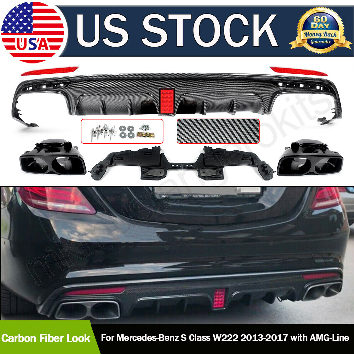 F1 Style Carbon Look Rear Diffuser W/Exhaust For Mercedes S Class W222 2013-2017