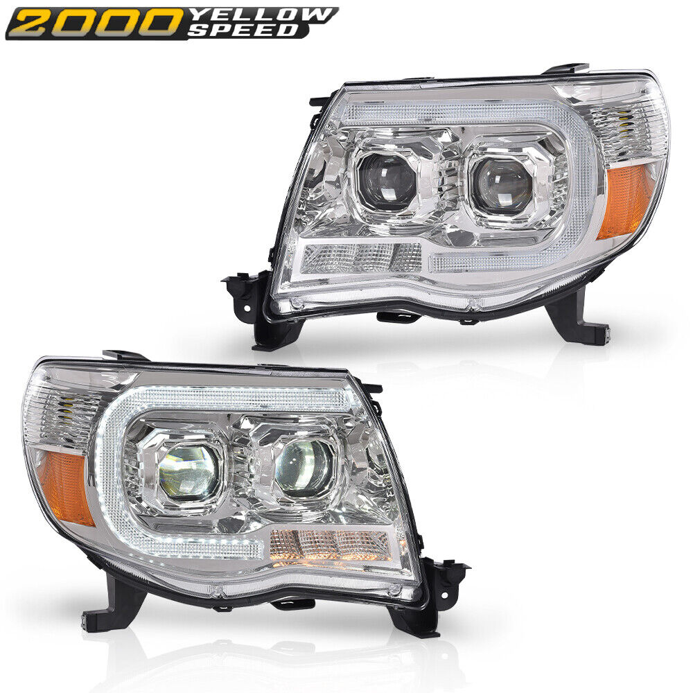 Dual LED Tube Projector Headlights Headlamps Chrome Fit For 05-11 Toyota Tacoma